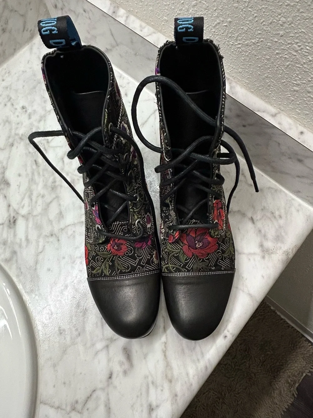 New John Fluevog Black Lace-Up Boots with Red and Purple Floral Embroidery - Picture 7 of 13